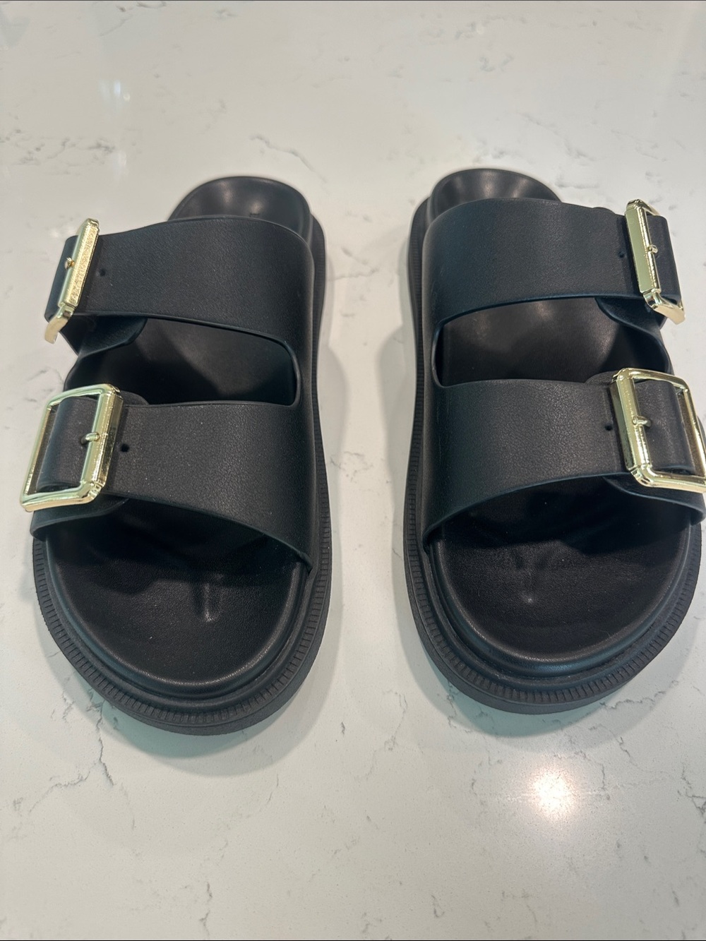 Banana Republic Black Double-Buckle Slide Sandals with Gold Buckles